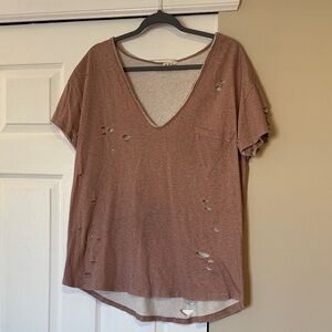 POL Women's Distressed V-Neck Tee in Dusty Mauve